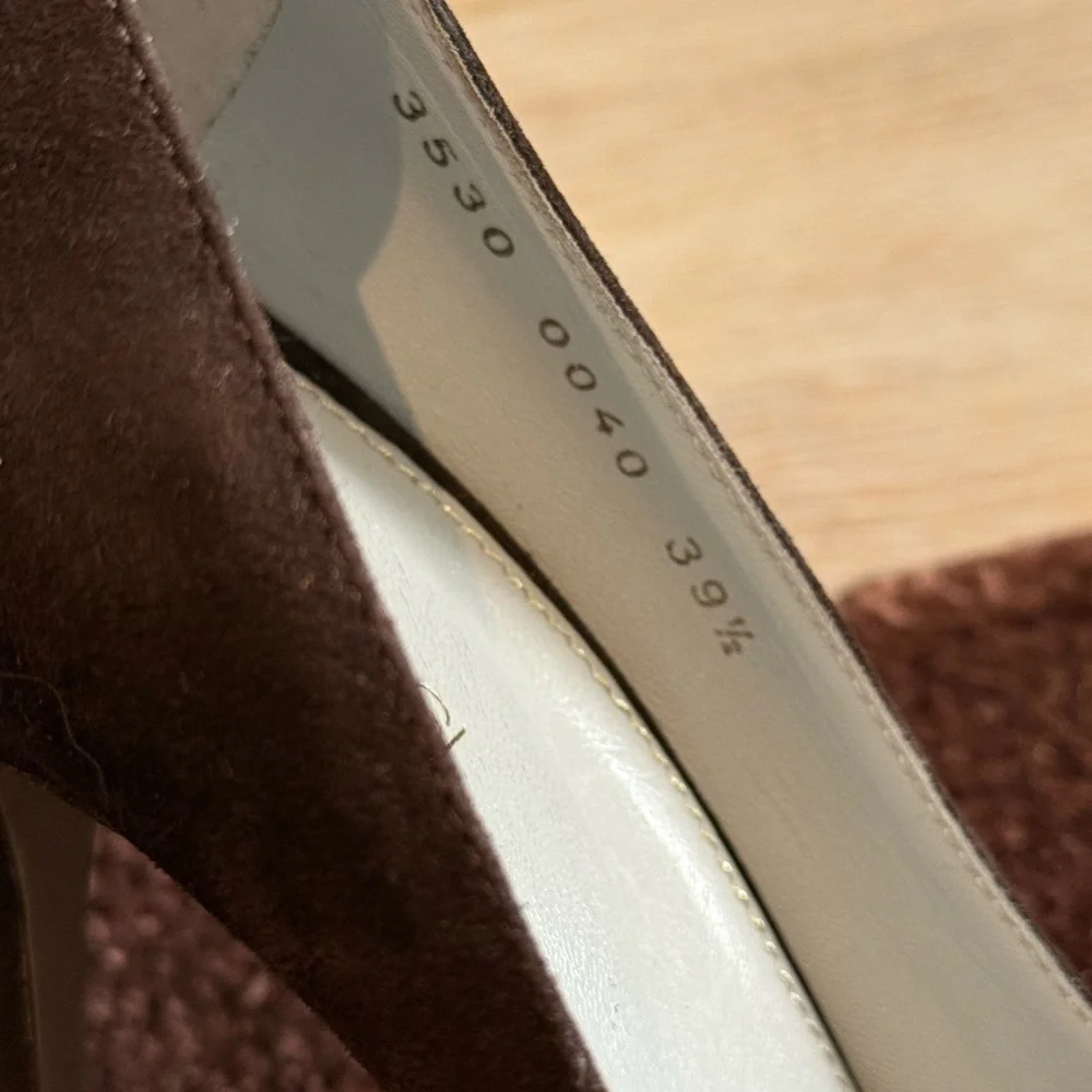 $845 SERGIO ROSSI Dark Chocolate Brown Suede Peep Toe Platform Heels Pumps 39.5 - Picture 13 of 14